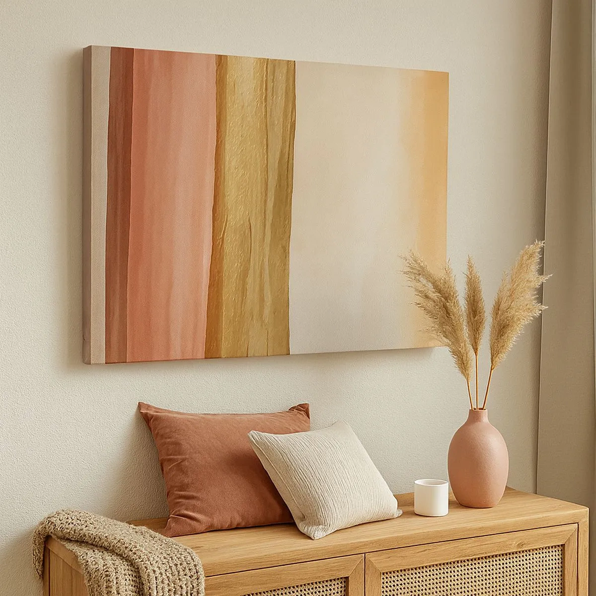 Impression sur toile - Image sur toile - Rayures abstraites dans les tons beige, or et rose sur toile - 70x50cm - Composition verticale - Décoration murale moderne pour le salon et la chambre ARTTOR