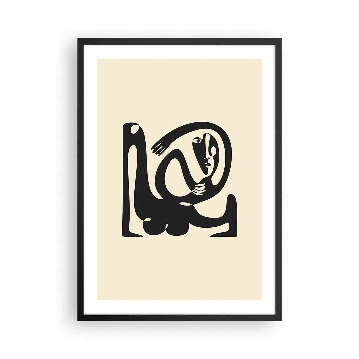 Affiche dans un cadre noir - Poster - Figure abstraite sur fond beige avec des lignes noires - 50x70cm - Presque du Picasso - Décoration murale moderne pour le salon et la chambre ARTTOR