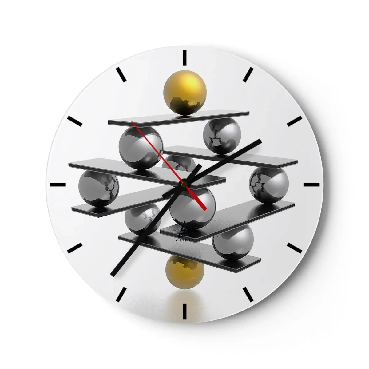 Horloge murale - Pendule murale - Une composition moderne de boules d'or et d'argent sur fond blanc - 30x30cm - Balance d'or et d'argent - Décoration murale moderne pour le salon, la cuisine et la chambre ARTTOR