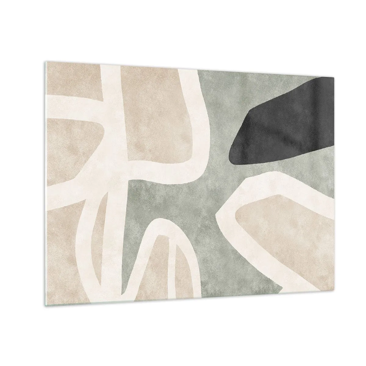 Impression sur verre - Image sur verre - Formes abstraites en beige et vert avec une touche de noir - 70x50cm - Composition pour motif noir - Décoration murale moderne pour le salon et la chambre ARTTOR