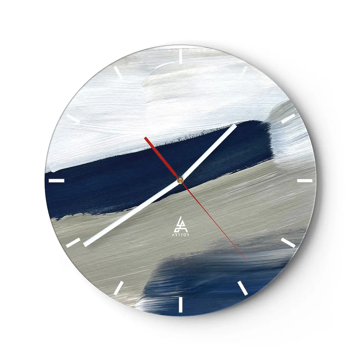 Horloge murale - Pendule murale - Coups de pinceau abstraits en blanc et bleu marine - 30x30cm - Rencontre avec la blancheur - Décoration murale moderne pour le salon, la cuisine et la chambre ARTTOR
