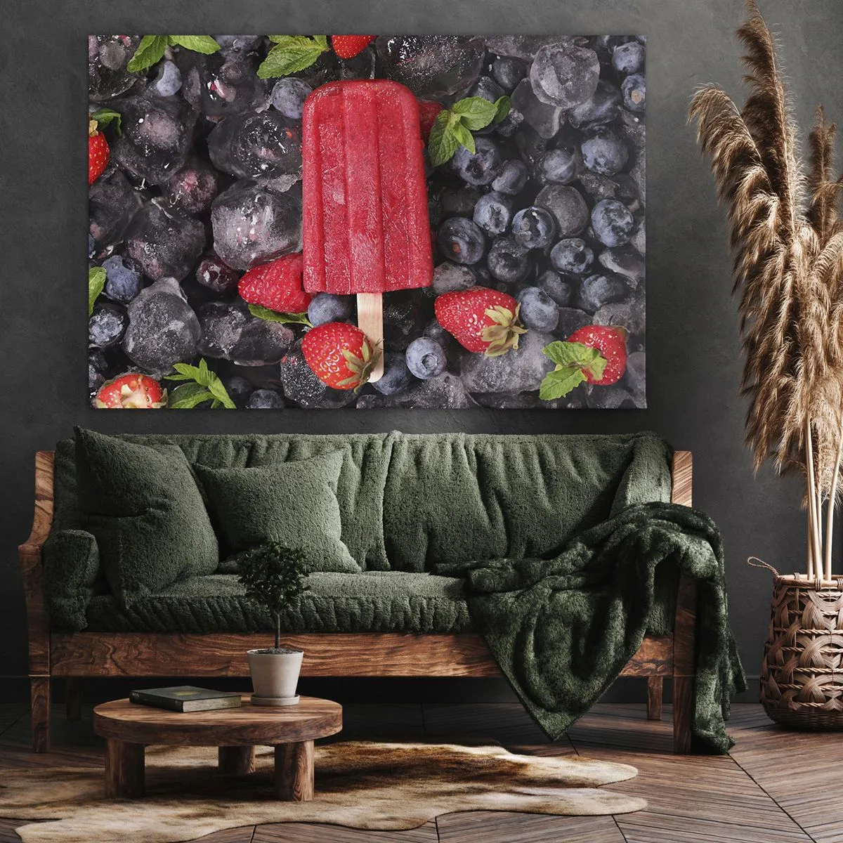 Impression sur toile - Image sur toile - Glace rouge entourée de fruits et de glace - 70x50cm - Le goût d’un été chaud - Décoration murale moderne pour le salon et la chambre ARTTOR