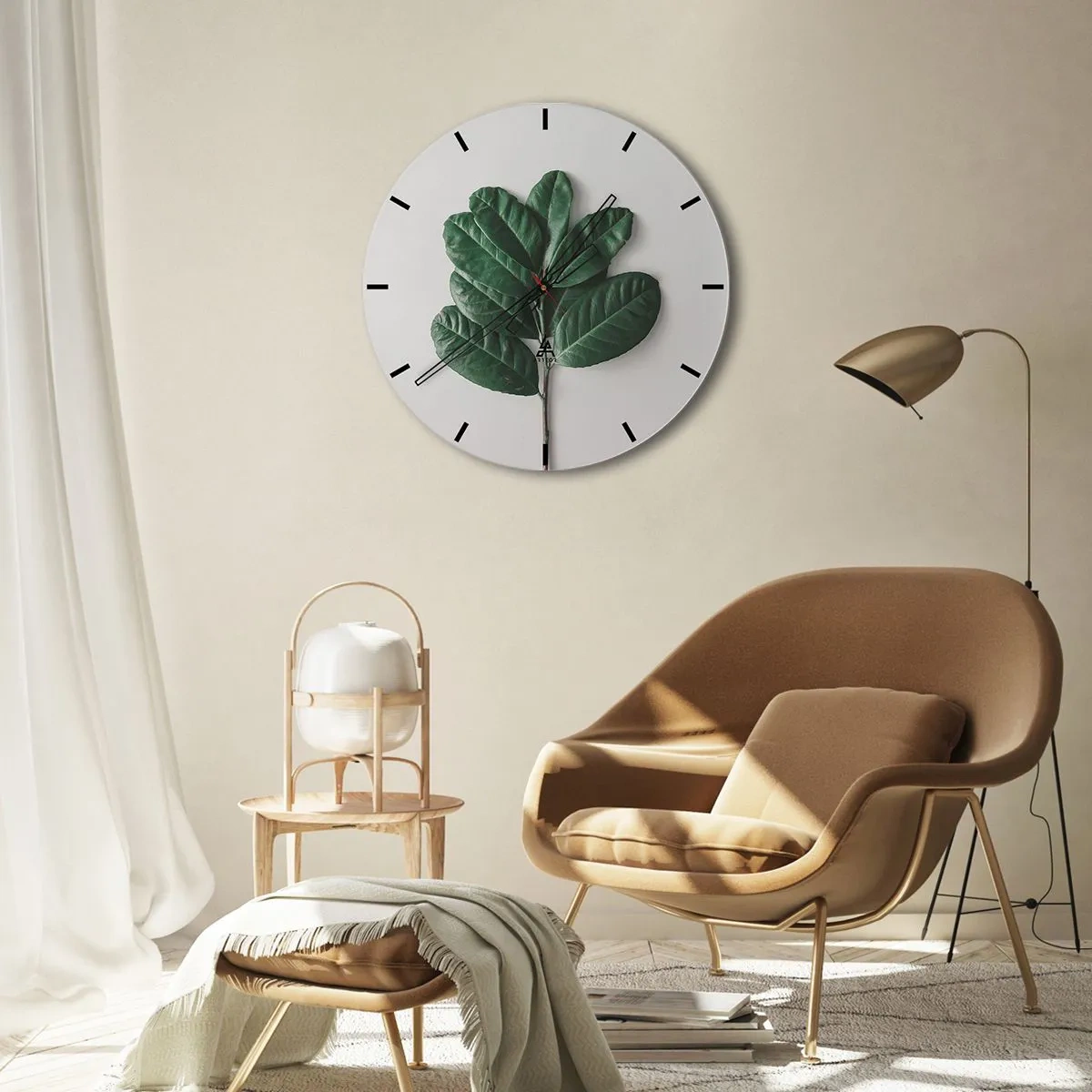 Horloge murale - Pendule murale - Une branche verte avec de grandes feuilles sur un fond clair - 30x30cm - Dessin de la nature elle-même - Décoration murale moderne pour le salon, la cuisine et la chambre ARTTOR