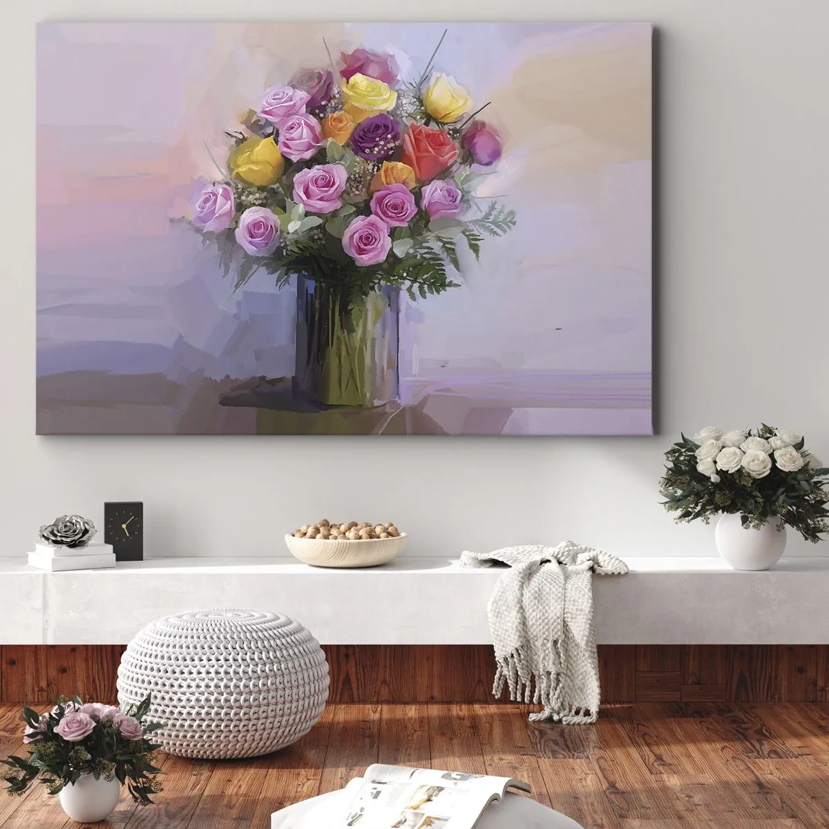 Impression sur toile - Image sur toile - Un bouquet de roses colorées dans un vase en verre - 70x50cm - Beauté conservée - Décoration murale moderne pour le salon et la chambre ARTTOR
