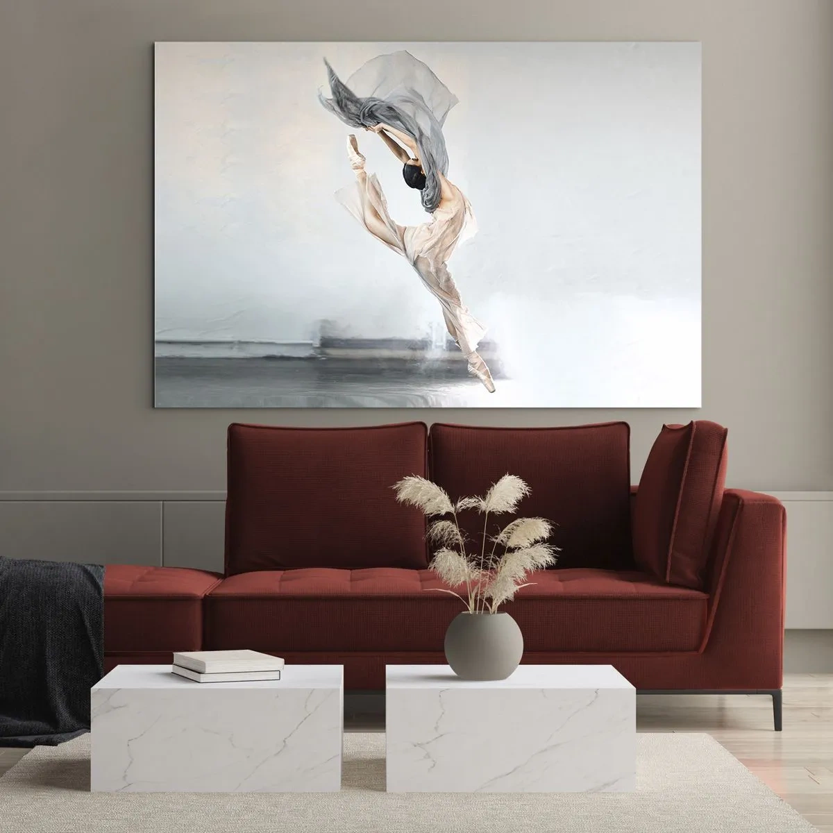 Impression sur verre - Image sur verre - Une ballerine exécute un saut dynamique dans une lumière douce. - 70x50cm - Dans le ravissement de la danse - Décoration murale moderne pour le salon et la chambre ARTTOR