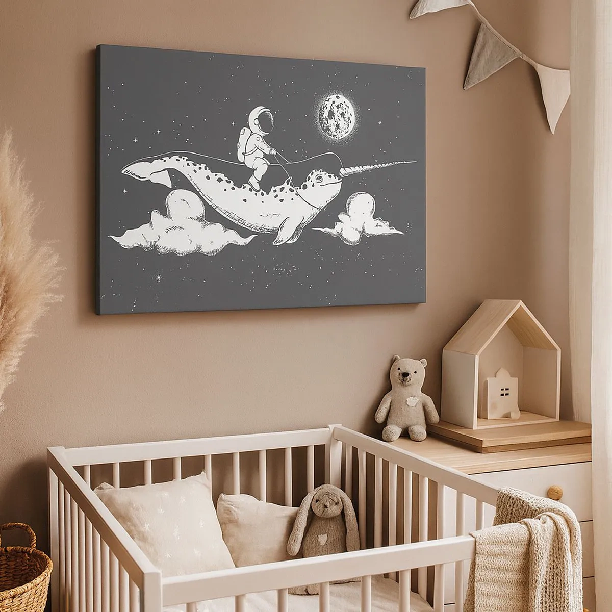 Impression sur toile - Image sur toile - Un astronaute sur le dos d'un narval flottant dans une scène spatiale. - 70x50cm - Cavalier de l'espace - Décoration murale moderne pour le salon et la chambre ARTTOR