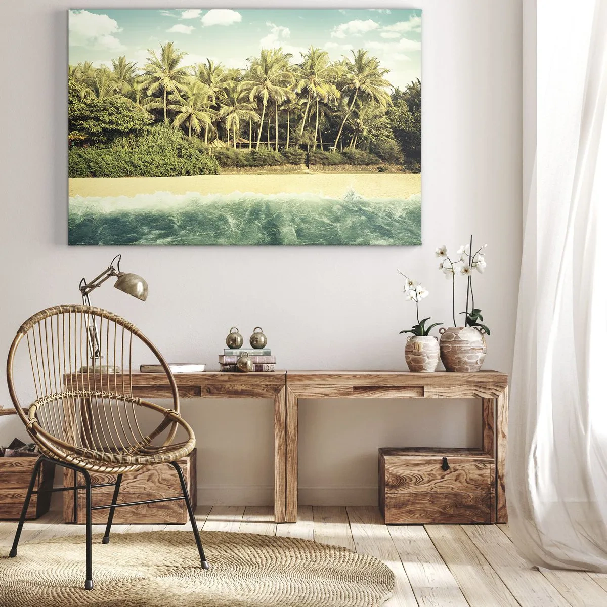 Impression sur toile - Image sur toile - Plage tropicale avec palmiers et mer turquoise - 70x50cm - Peut-être ici? - Décoration murale moderne pour le salon et la chambre ARTTOR