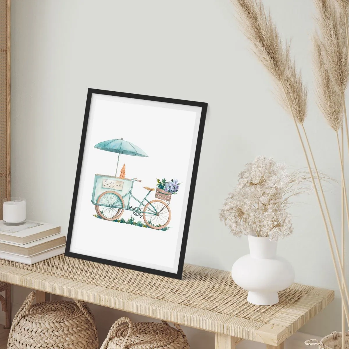 Affiche dans un cadre noir - Poster - Illustration à l'aquarelle d'un vélo avec de la glace et des fleurs - 50x70cm - Doux souvenir d'été - Décoration murale moderne pour le salon et la chambre ARTTOR