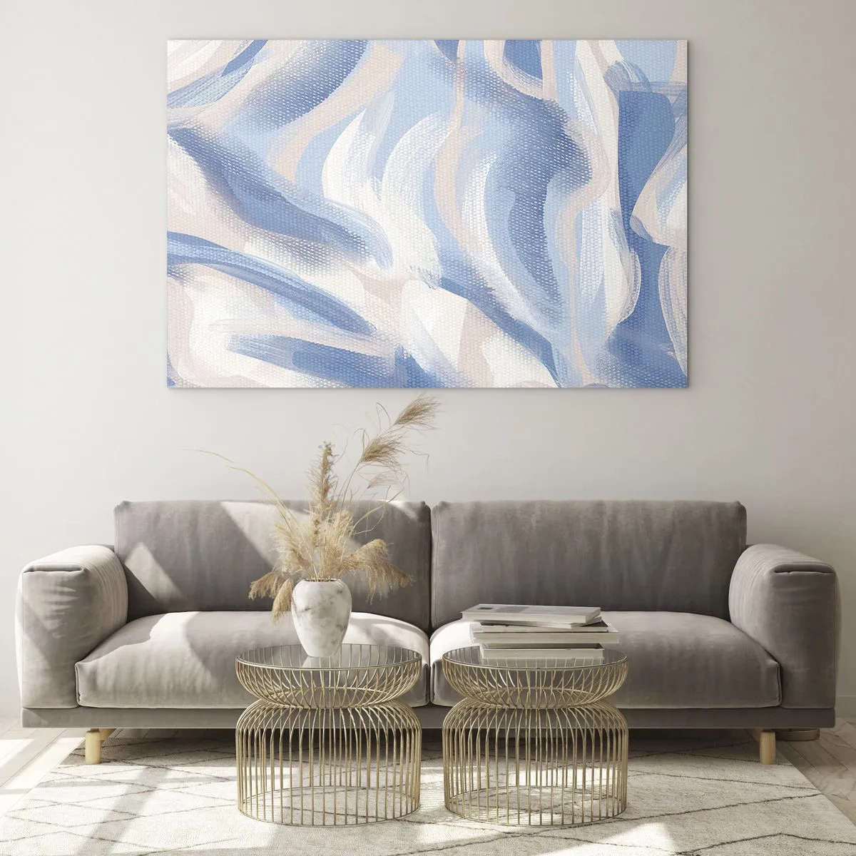 Impression sur verre - Image sur verre - Traits abstraits en bleu, blanc et beige dans une forme ondulée - 70x50cm - Vagues bleues - Décoration murale moderne pour le salon et la chambre ARTTOR