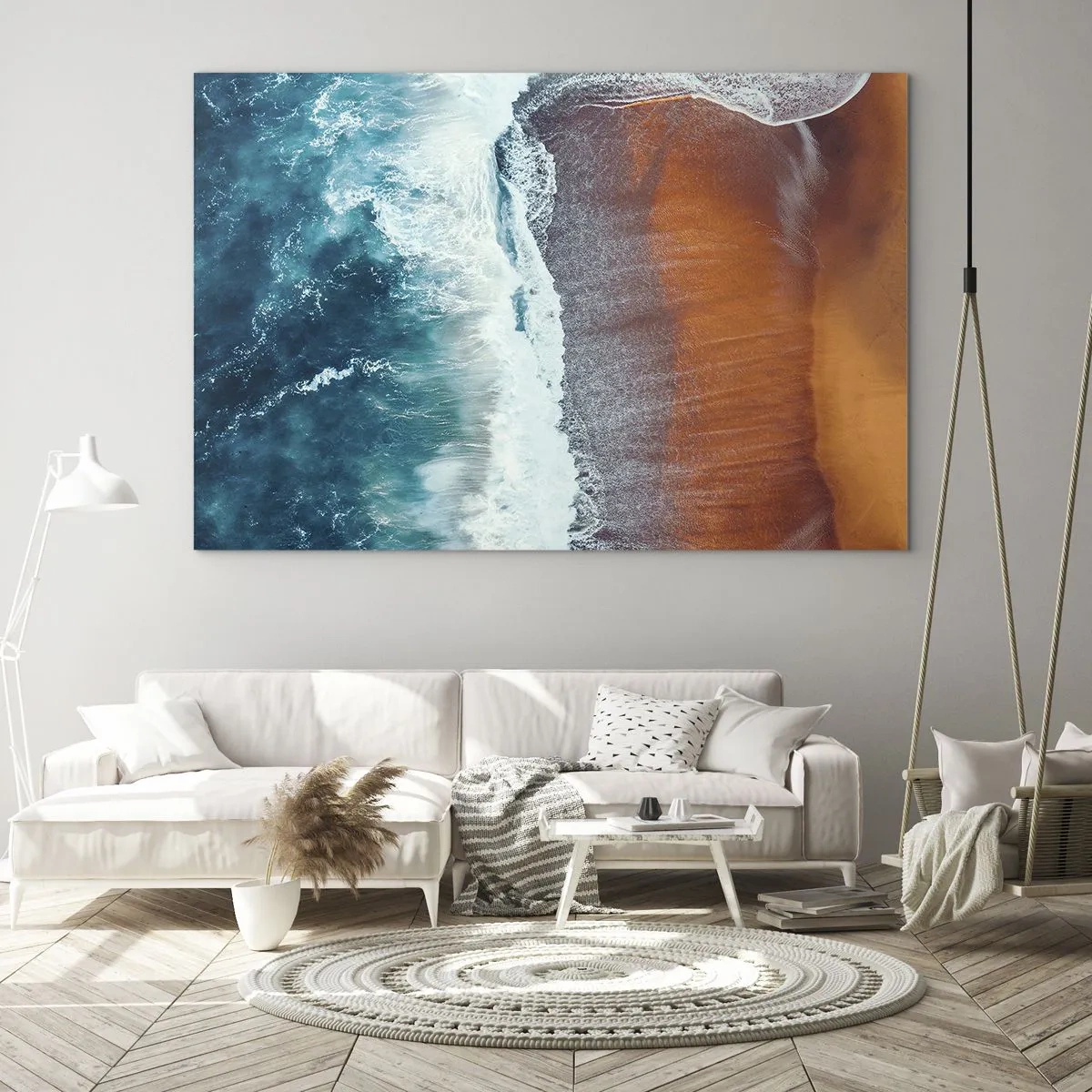 Impression sur verre - Image sur verre - Vue aérienne de la surface de l'océan et du rivage de la plage - 70x50cm - Caresse de l'océan - Décoration murale moderne pour le salon et la chambre ARTTOR