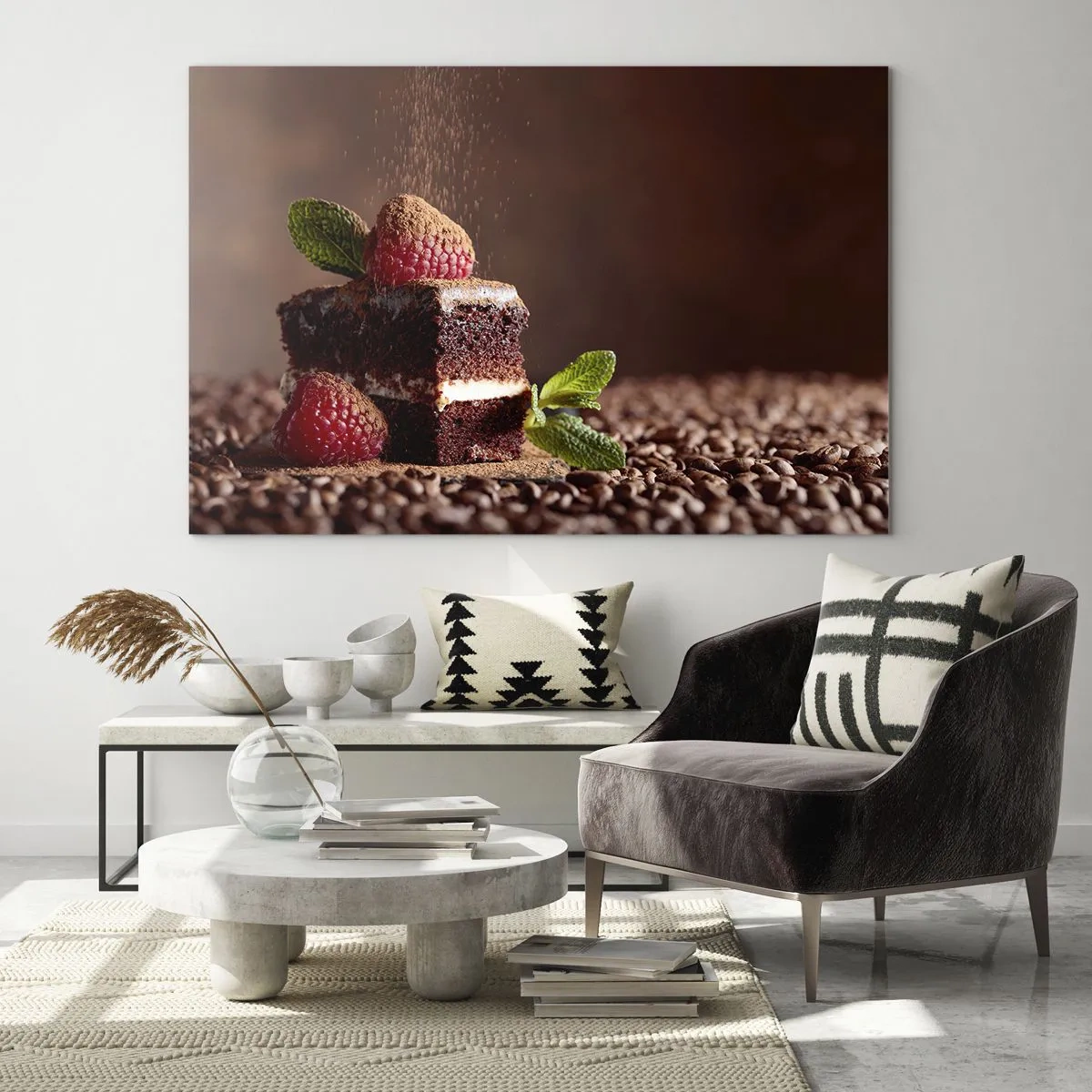 Impression sur verre - Image sur verre - Dessert au chocolat aux framboises et aux feuilles de menthe - 70x50cm - La vie est douce - Décoration murale moderne pour le salon et la chambre ARTTOR