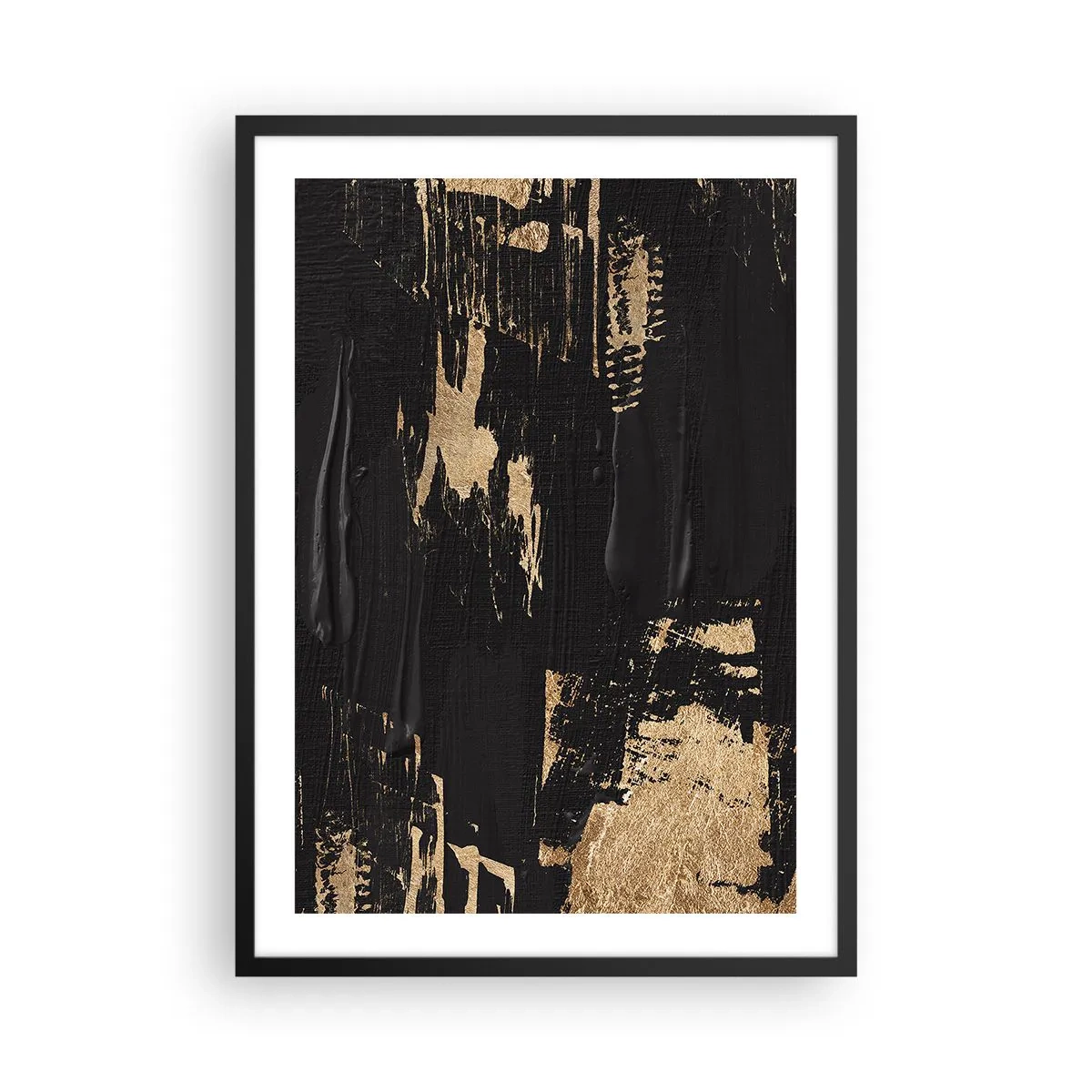 Affiche dans un cadre noir - Poster - Composition de peinture abstraite en noir et or - 50x70cm - Empreinte du toucher - Décoration murale moderne pour le salon et la chambre ARTTOR