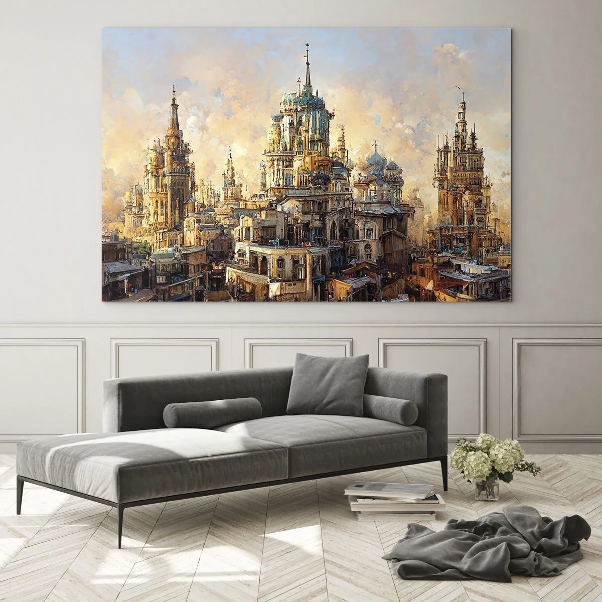 Impression sur verre - Image sur verre - Un panorama fantastique de la ville avec des tours et des palais - 70x50cm - Ville des villes - Décoration murale moderne pour le salon et la chambre ARTTOR