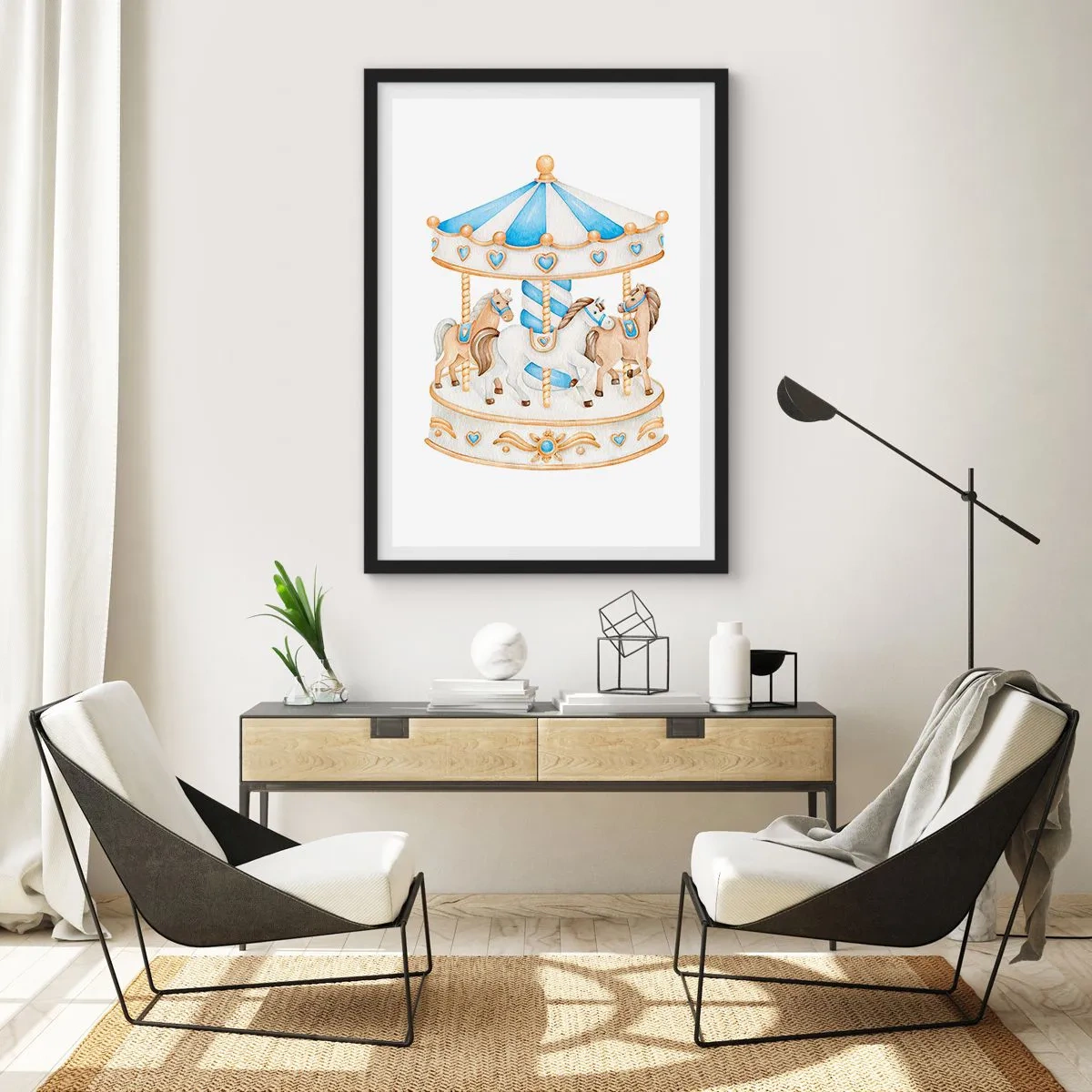 Affiche dans un cadre noir - Poster - Carrousel aquarelle dans des tons pastel de bleu et d'or - 50x70cm - Douce enfance - Décoration murale moderne pour le salon et la chambre ARTTOR