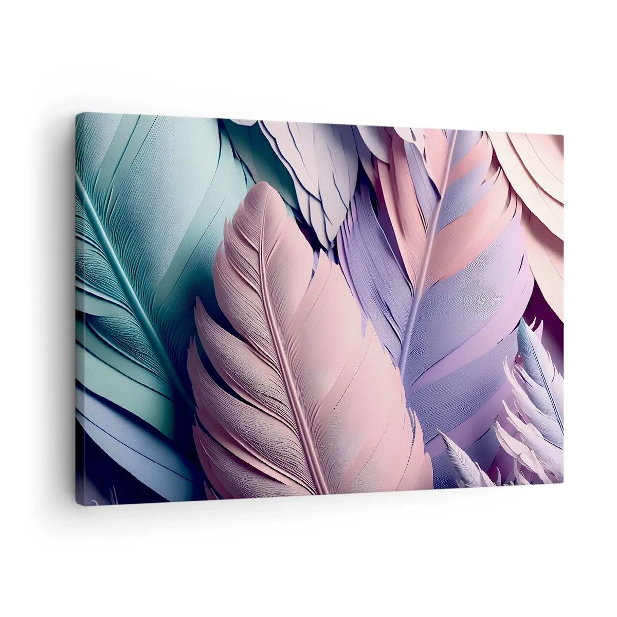 Impression sur toile - Image sur toile - Plumes colorées dans des tons pastel sur un fond clair - 70x50cm - Oiseau chic - Décoration murale moderne pour le salon et la chambre ARTTOR