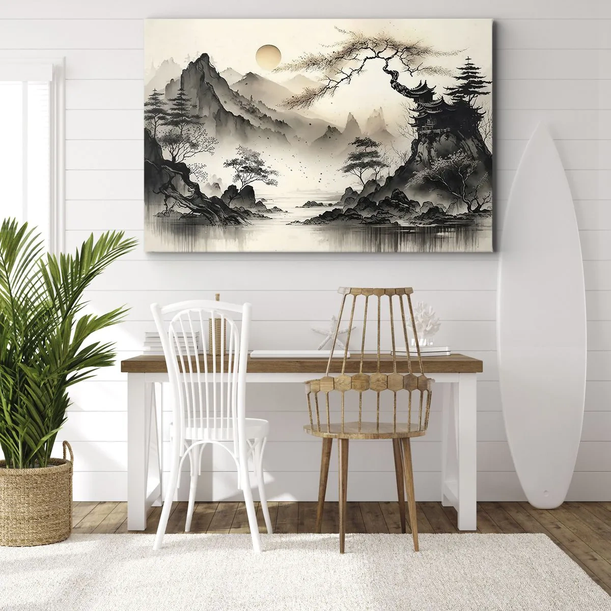 Impression sur toile - Image sur toile - Un paysage oriental avec des montagnes et une pagode aux nuances délicates. - 70x50cm - Le charme unique de l'Orient - Décoration murale moderne pour le salon et la chambre ARTTOR