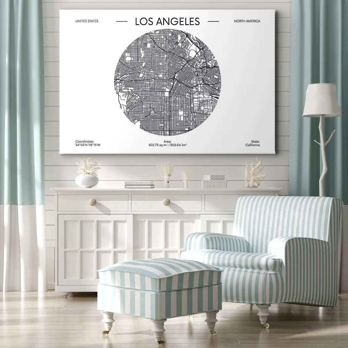 Impression sur toile - Image sur toile - Une carte de Los Angeles dans un style minimaliste en noir et blanc - 70x50cm - Anatomie de Los Angeles - Décoration murale moderne pour le salon et la chambre ARTTOR