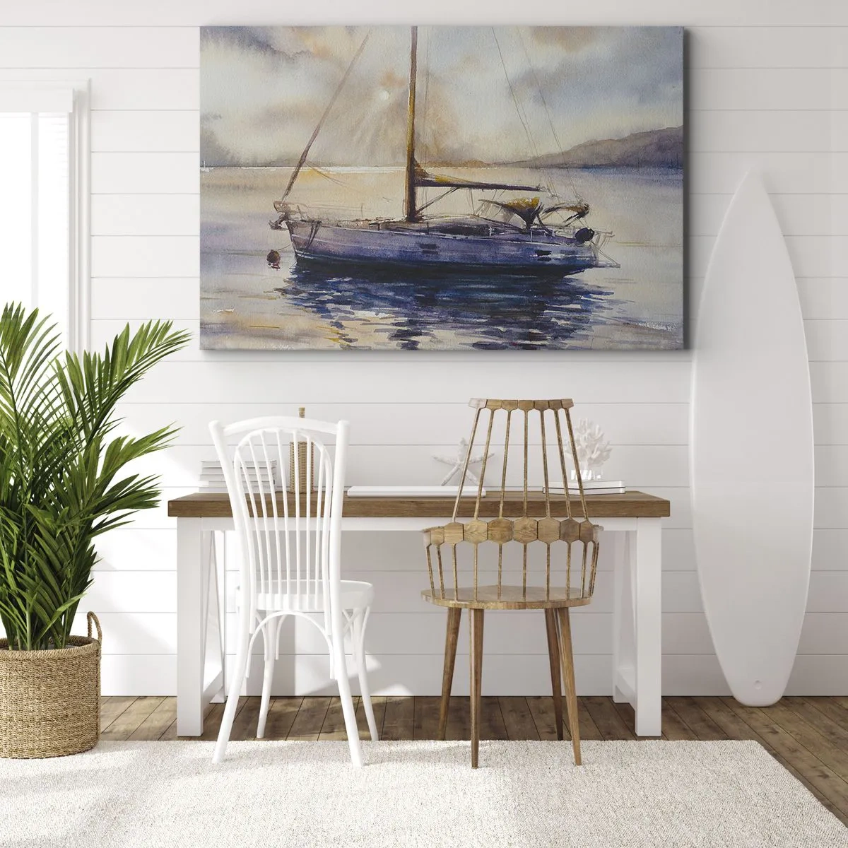 Impression sur toile - Image sur toile - Un yacht sur une mer calme au coucher du soleil - 70x50cm - Soirée sur la baie - Décoration murale moderne pour le salon et la chambre ARTTOR