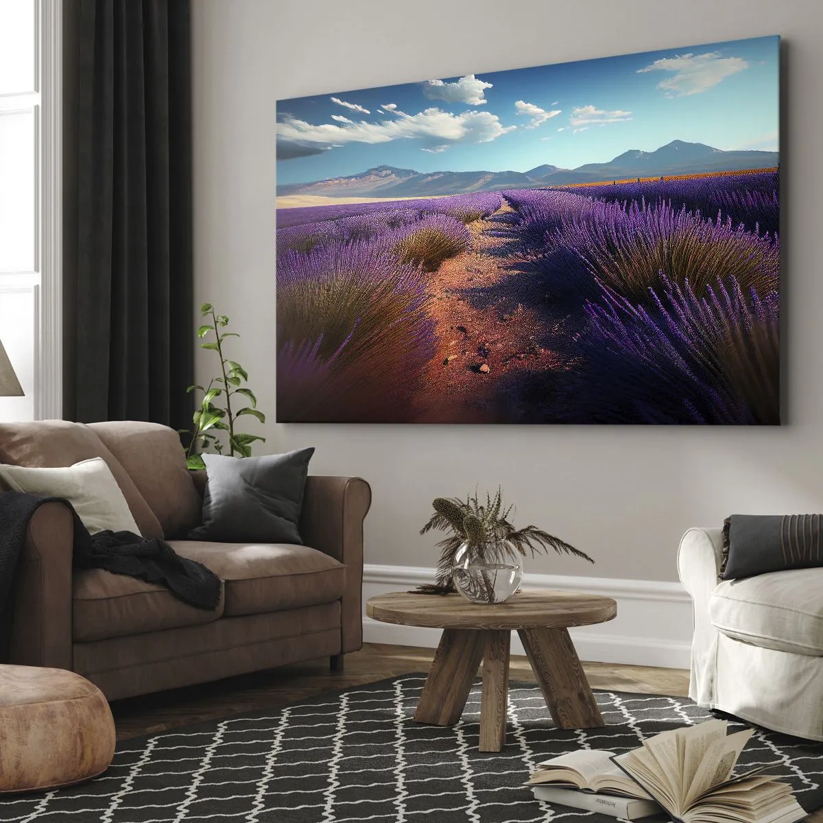 Impression sur toile - Image sur toile - Un champ de lavande avec vue sur les montagnes et le ciel bleu - 70x50cm - Champs parfumés - Décoration murale moderne pour le salon et la chambre ARTTOR