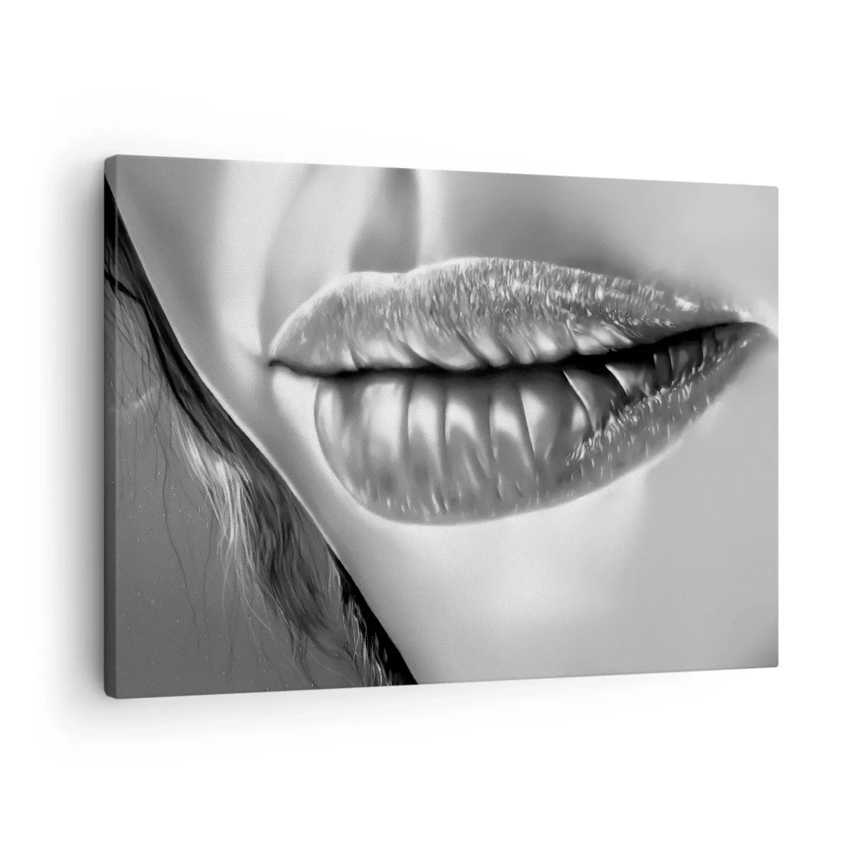Impression sur toile - Image sur toile - Gros plan noir et blanc des lèvres d'une femme avec un effet brillant et des détails. - 70x50cm - Je sais à quoi tu penses… - Décoration murale moderne pour le salon et la chambre ARTTOR