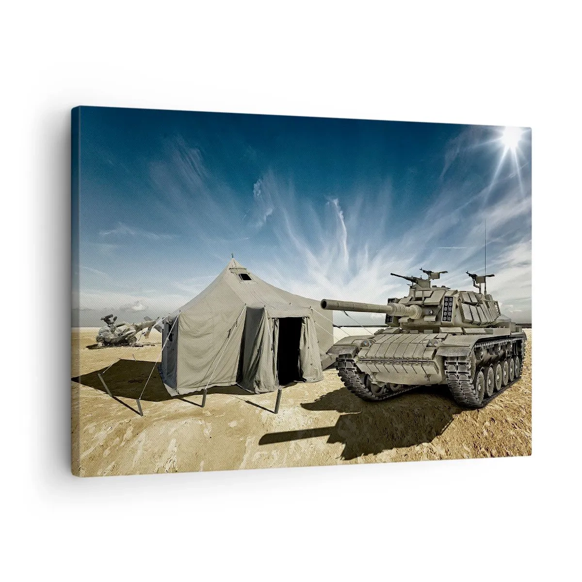 Impression sur toile - Image sur toile - Un char à côté d'une tente militaire dans une zone désertique - 70x50cm - Un rêve militaire - Décoration murale moderne pour le salon et la chambre ARTTOR