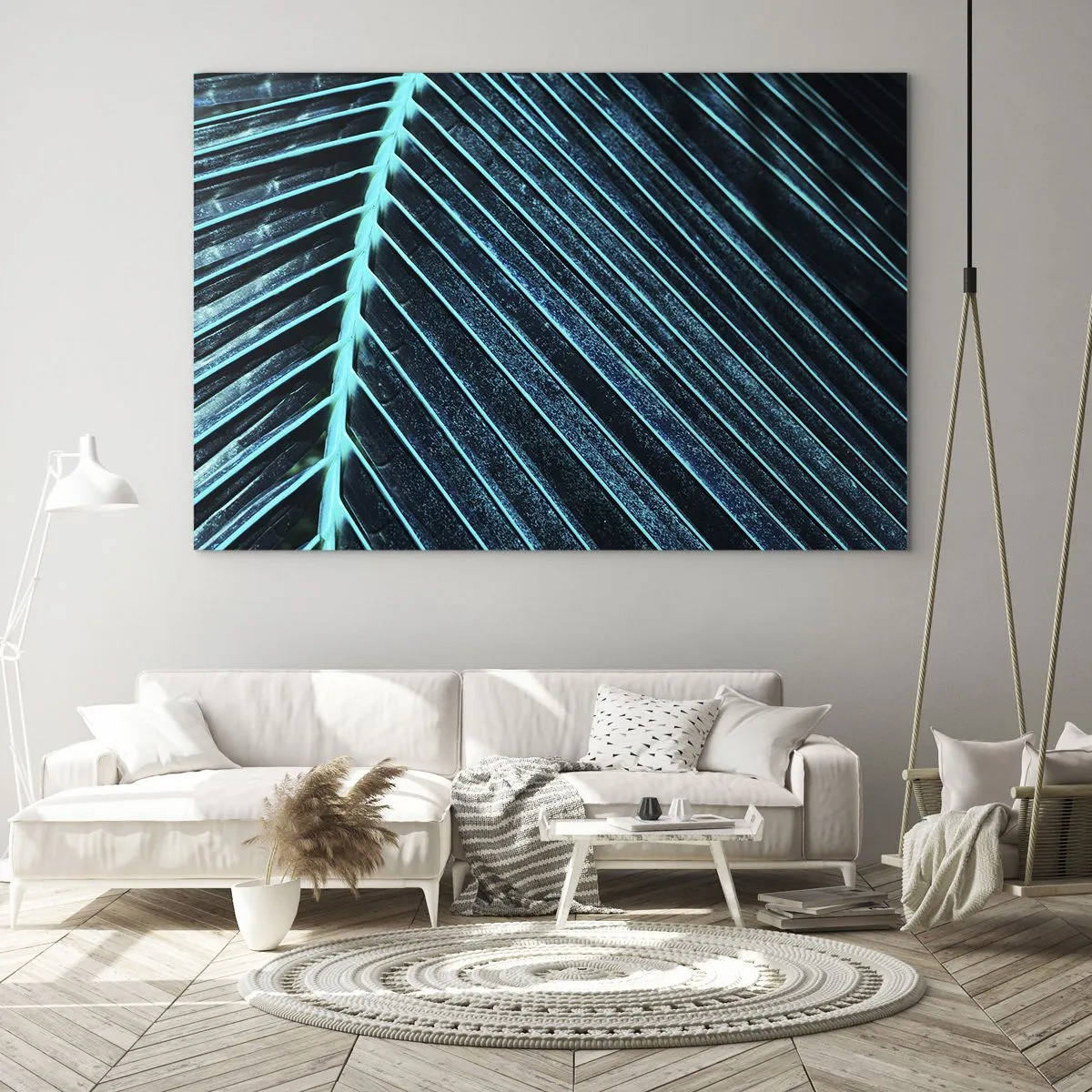 Impression sur verre - Image sur verre - Macrophotographie d'une feuille de palmier dans des tons turquoise - 70x50cm - Texture verte - Décoration murale moderne pour le salon et la chambre ARTTOR