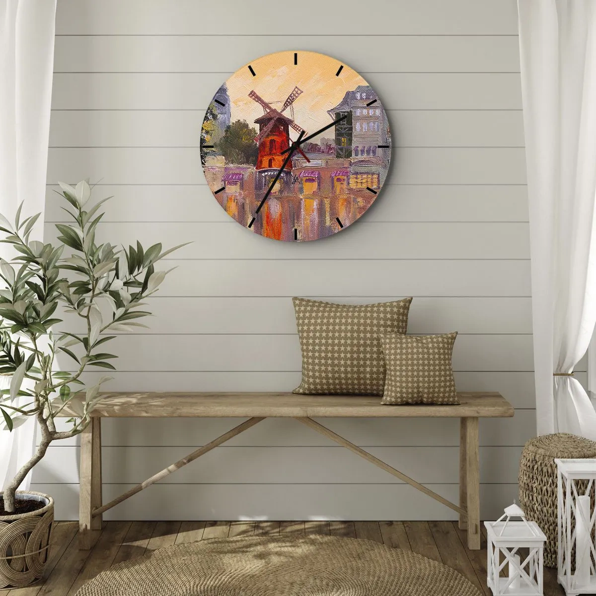 Horloge murale - Pendule murale - Moulin Rouge dans une interprétation picturale du paysage urbain - 30x30cm - Icones parisiennes – le Moulin rouge - Décoration murale moderne pour le salon, la cuisine et la chambre ARTTOR