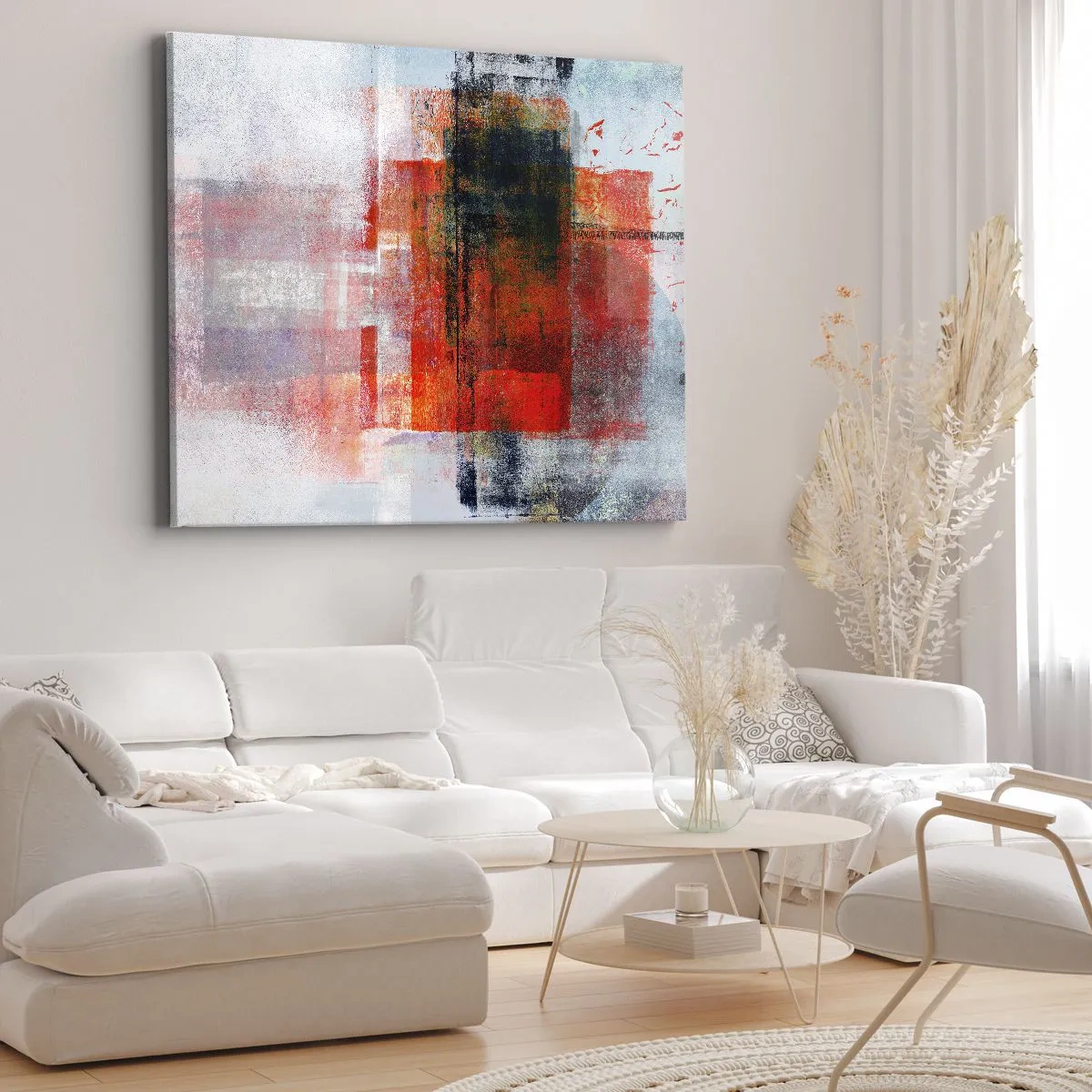 Impression sur toile - Image sur toile - Composition géométrique abstraite avec des accents rouges et oranges - 70x50cm - Composition embrasée - Décoration murale moderne pour le salon et la chambre ARTTOR