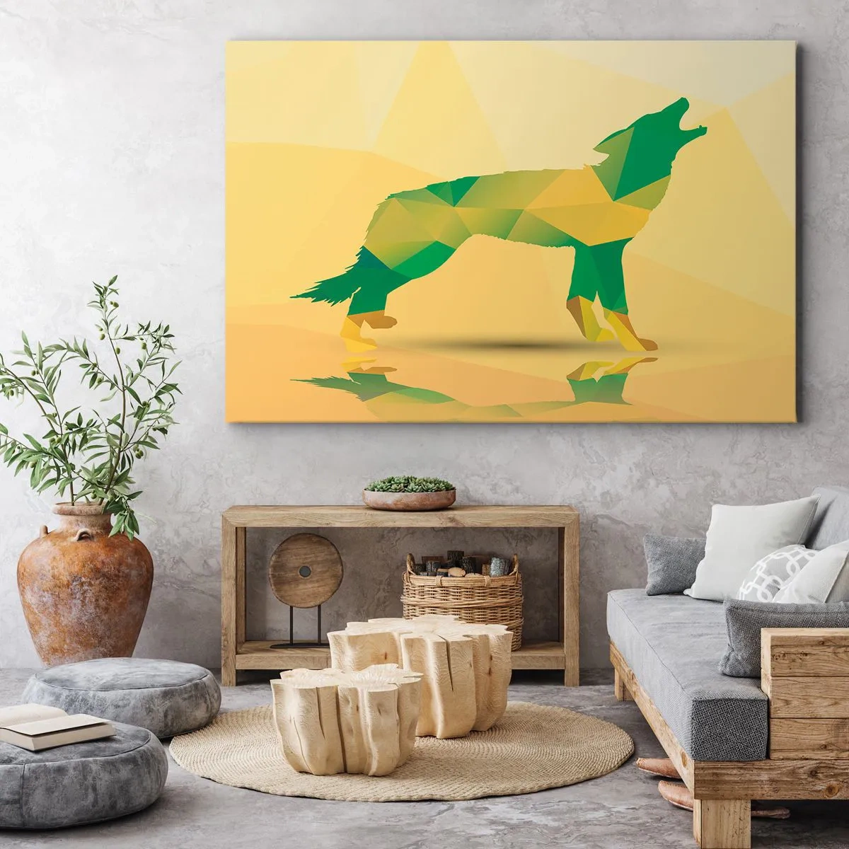 Impression sur toile - Image sur toile - Silhouette de loup géométrique dans les tons verts et jaunes - 70x50cm - Loup solitaire - Décoration murale moderne pour le salon et la chambre ARTTOR