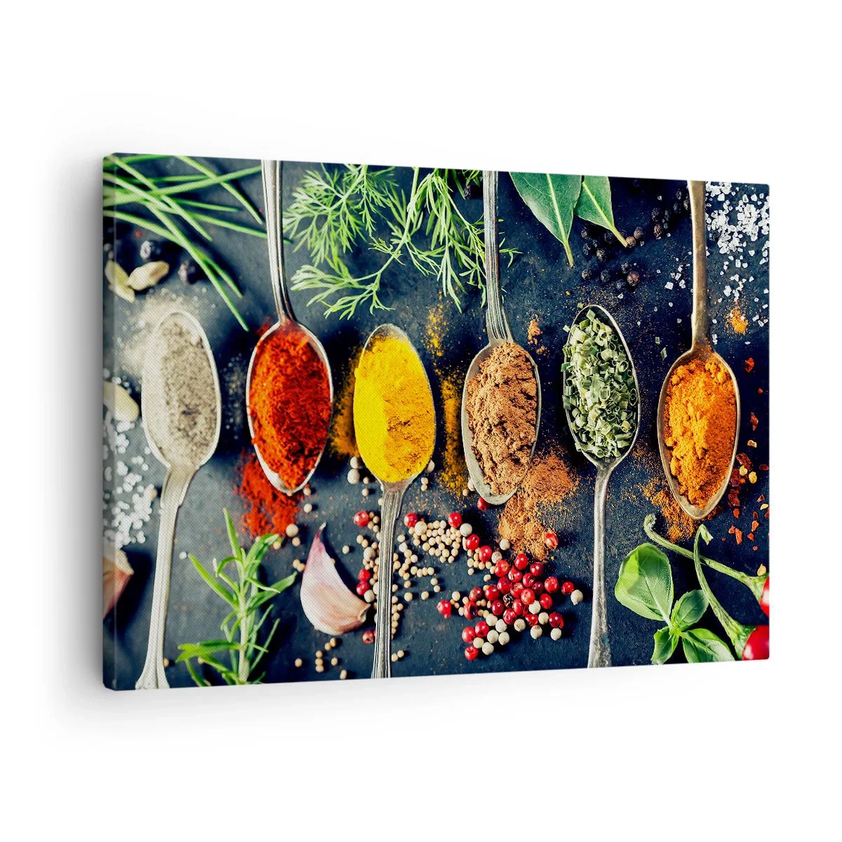 Impression sur toile - Image sur toile - Épices colorées sur des cuillères avec des herbes en arrière-plan - 70x50cm - Magie culinaire - Décoration murale moderne pour le salon et la chambre ARTTOR