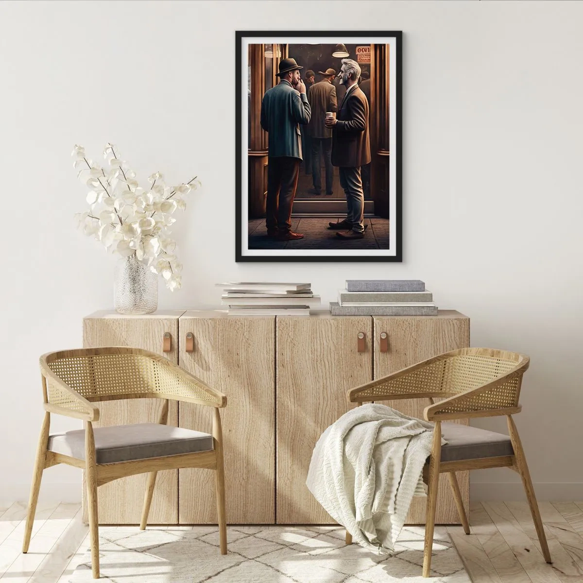 Affiche dans un cadre noir - Poster - Deux hommes élégants discutent devant un café - 50x70cm - Bon moment de la journée - Décoration murale moderne pour le salon et la chambre ARTTOR