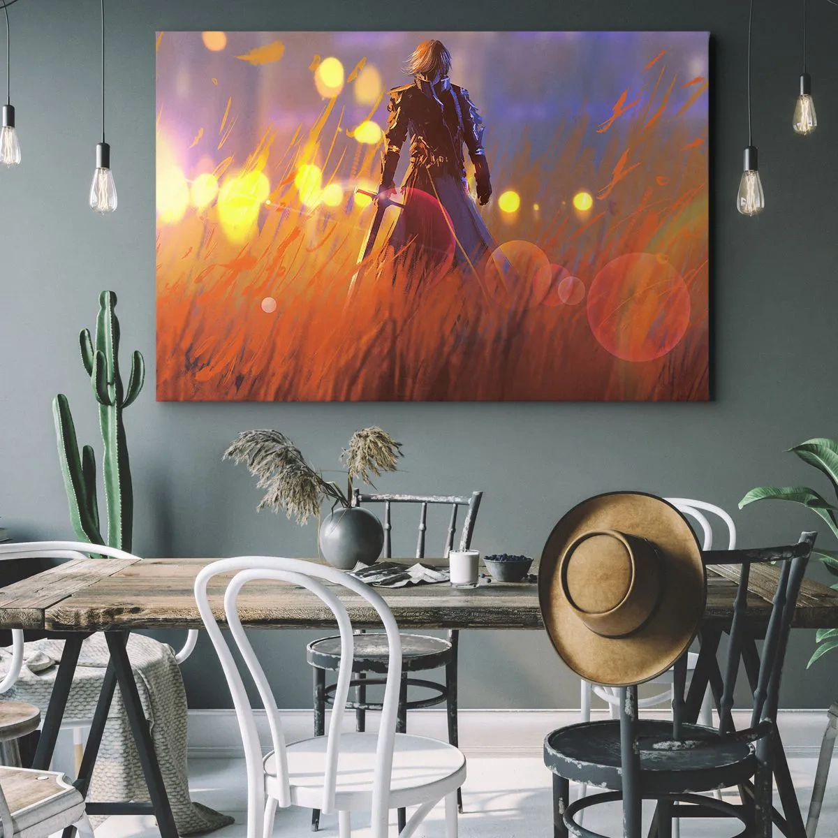 Impression sur toile - Image sur toile - La figure d'un chevalier à la lumière du soleil couchant dans un champ - 70x50cm - Chevalier errant - Décoration murale moderne pour le salon et la chambre ARTTOR