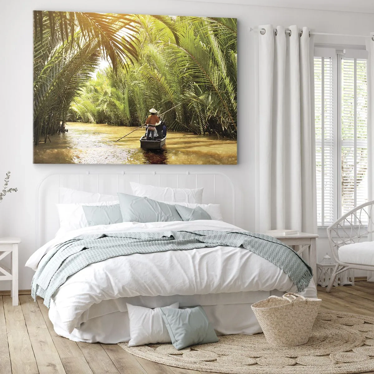 Impression sur toile - Image sur toile - Un bateau sur une rivière entourée de végétation tropicale - 70x50cm - Ravin de palmier - Décoration murale moderne pour le salon et la chambre ARTTOR