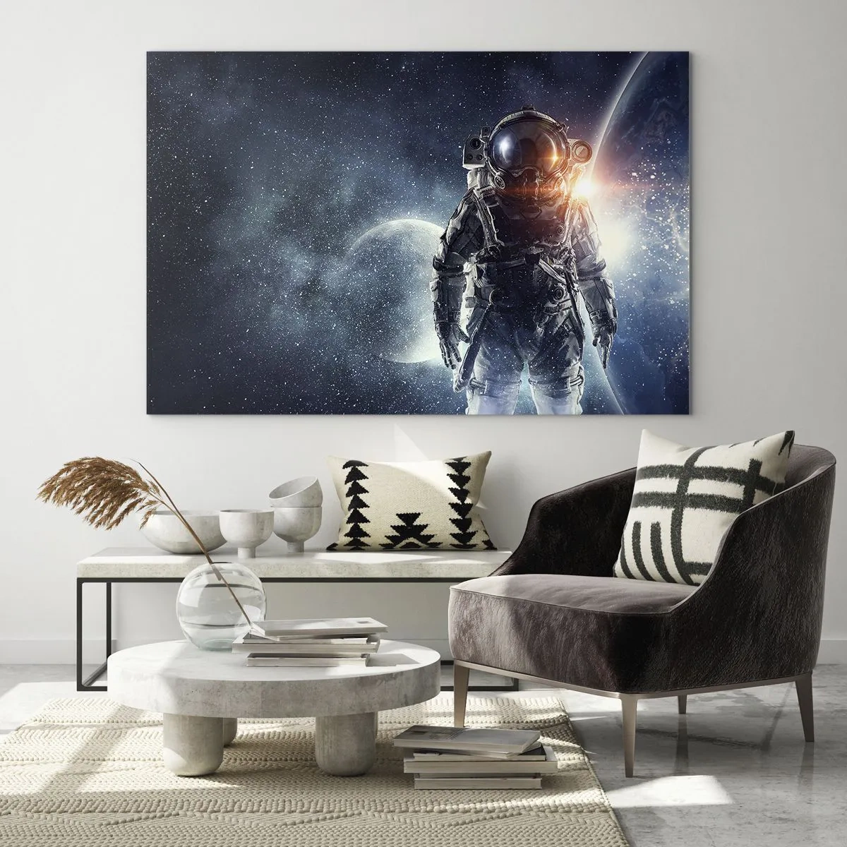 Impression sur verre - Image sur verre - Astronaute sur fond de planètes et d'étoiles - 70x50cm - Aventure spatiale - Décoration murale moderne pour le salon et la chambre ARTTOR
