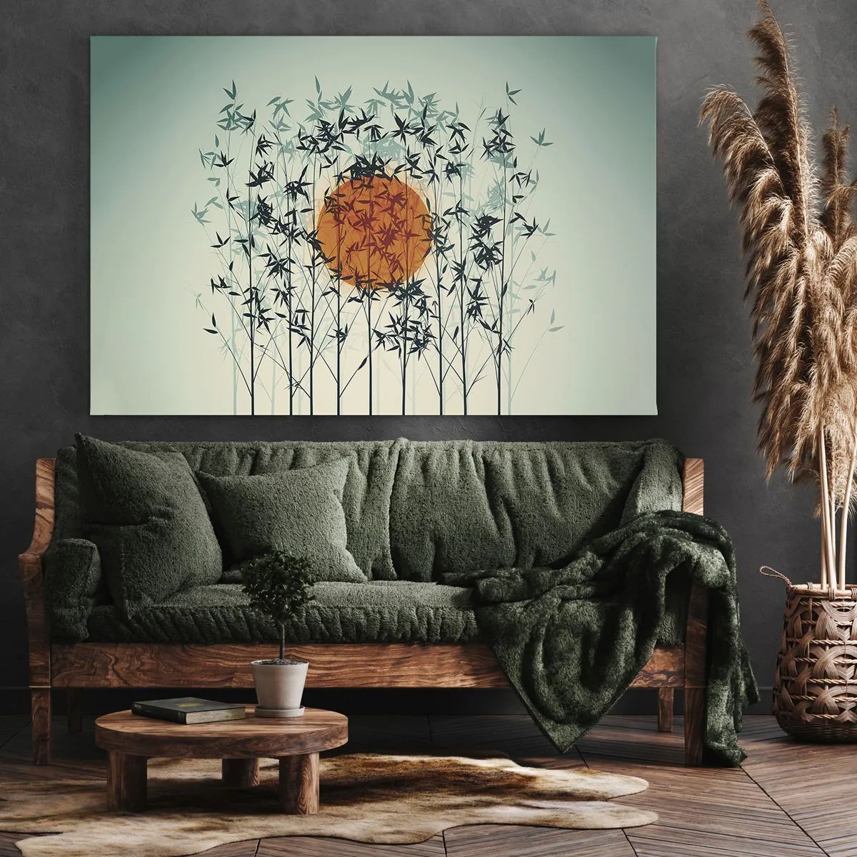 Impression sur toile - Image sur toile - Soleil orange parmi les branches de bambou - 70x50cm - Soleil japonnais - Décoration murale moderne pour le salon et la chambre ARTTOR
