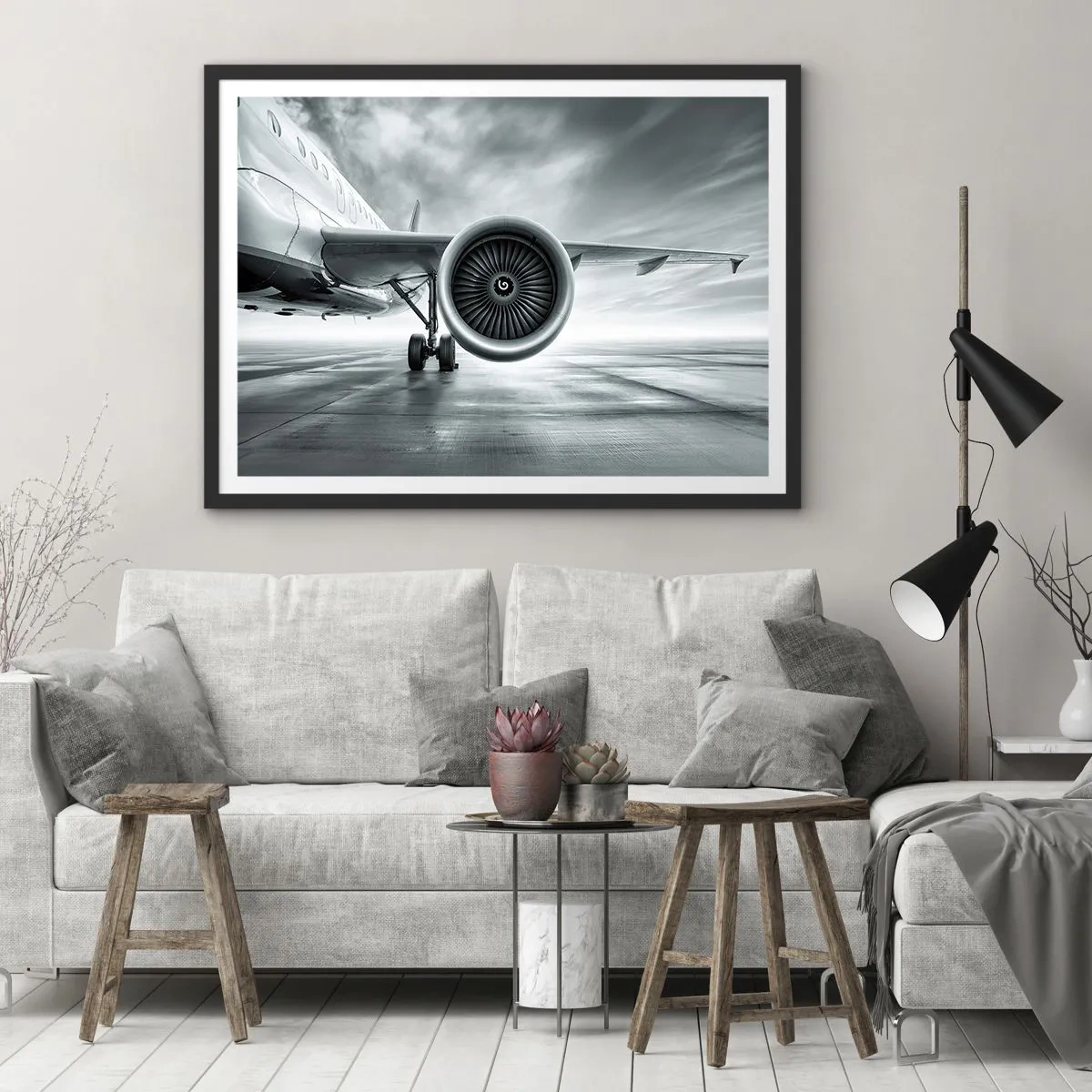 Affiche dans un cadre noir - Poster - Le réacteur d'un avion sur le tarmac - 70x50cm - Sent la force! - Décoration murale moderne pour le salon et la chambre ARTTOR