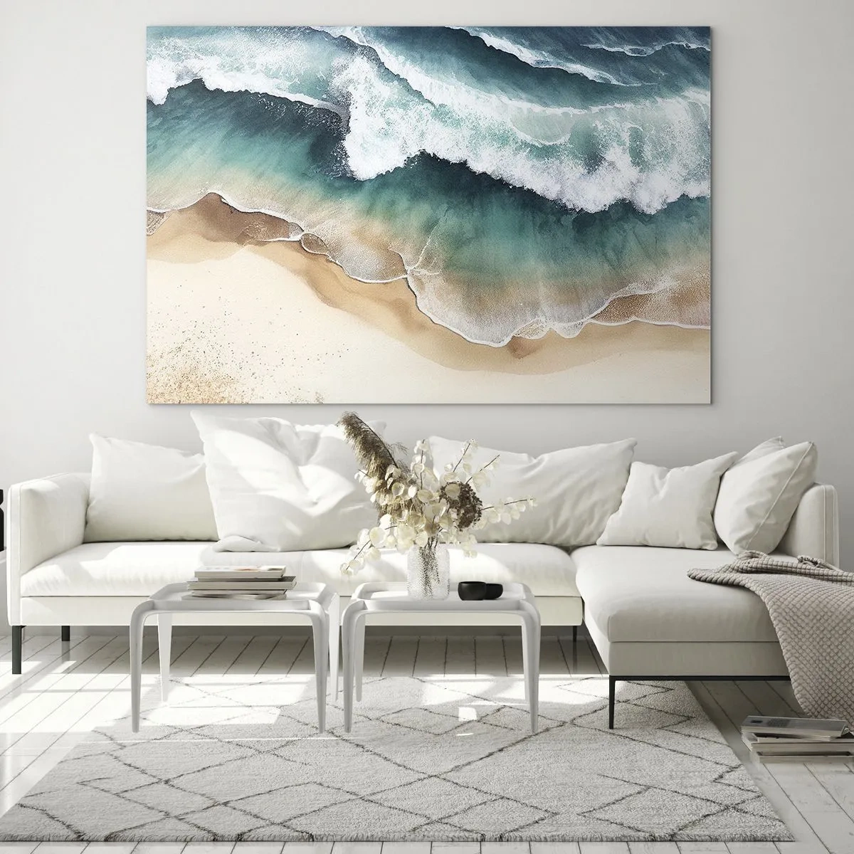 Impression sur verre - Image sur verre - Les vagues de l'océan s'écrasent sur une plage de sable doré - 70x50cm - La rencontre éternelle - Décoration murale moderne pour le salon et la chambre ARTTOR