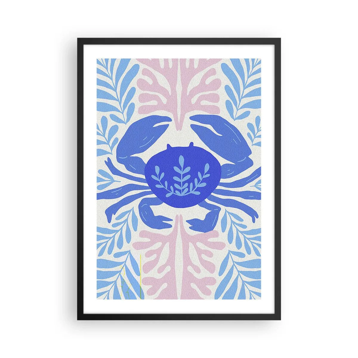 Affiche dans un cadre noir - Poster - Un crabe bleu décoratif entouré de plantes marines. - 50x70cm - Comme une fleur de mer - Décoration murale moderne pour le salon et la chambre ARTTOR