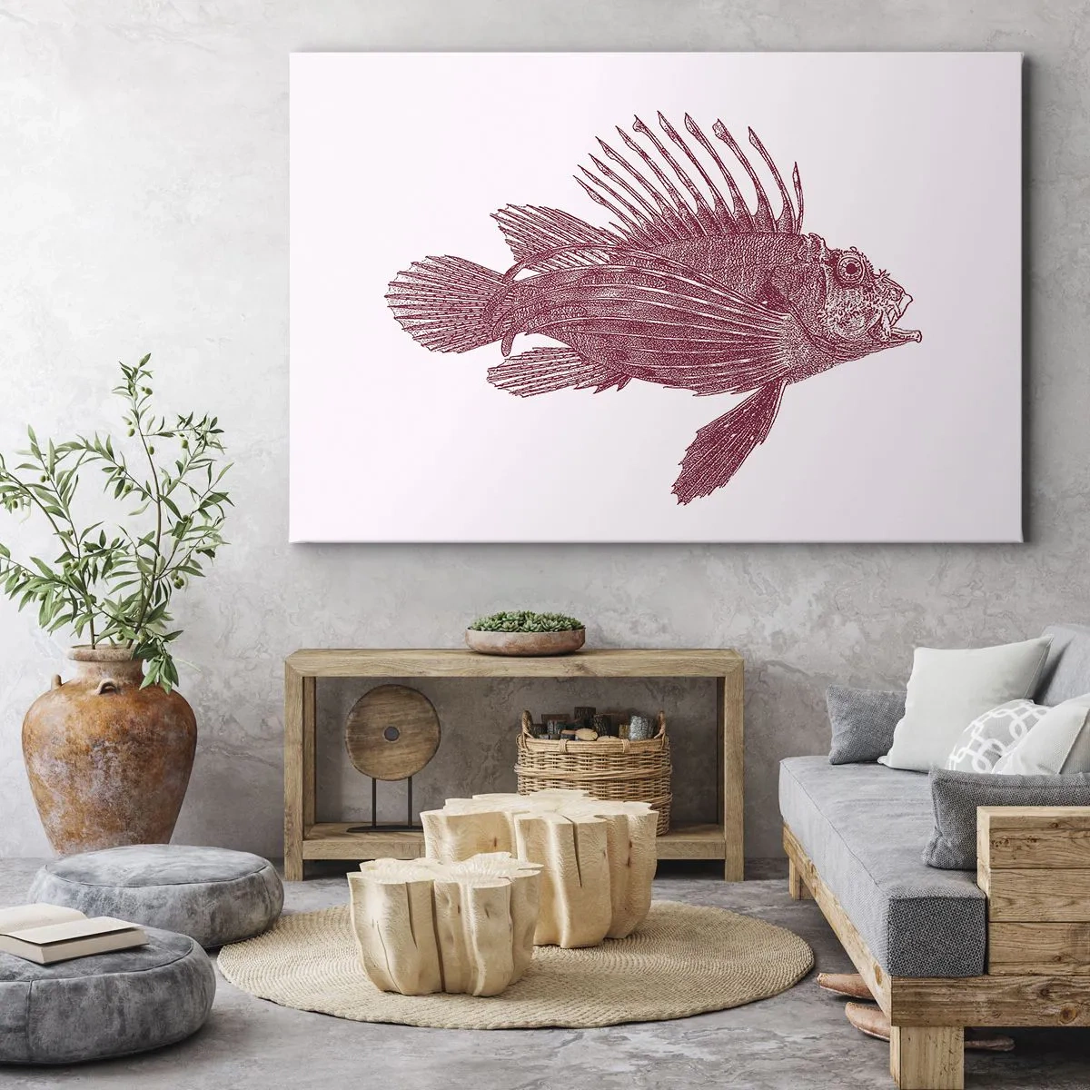 Impression sur toile - Image sur toile - Dessin d'un poisson dans une teinte rouge - 70x50cm - Un habitant des eaux exotiques - Décoration murale moderne pour le salon et la chambre ARTTOR