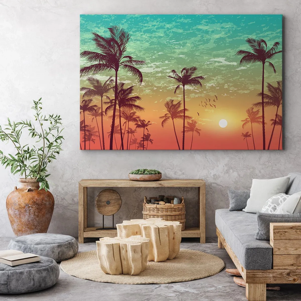Impression sur toile - Image sur toile - Coucher de soleil avec des palmiers sur un ciel coloré - 70x50cm - Ambiance tropicale - Décoration murale moderne pour le salon et la chambre ARTTOR