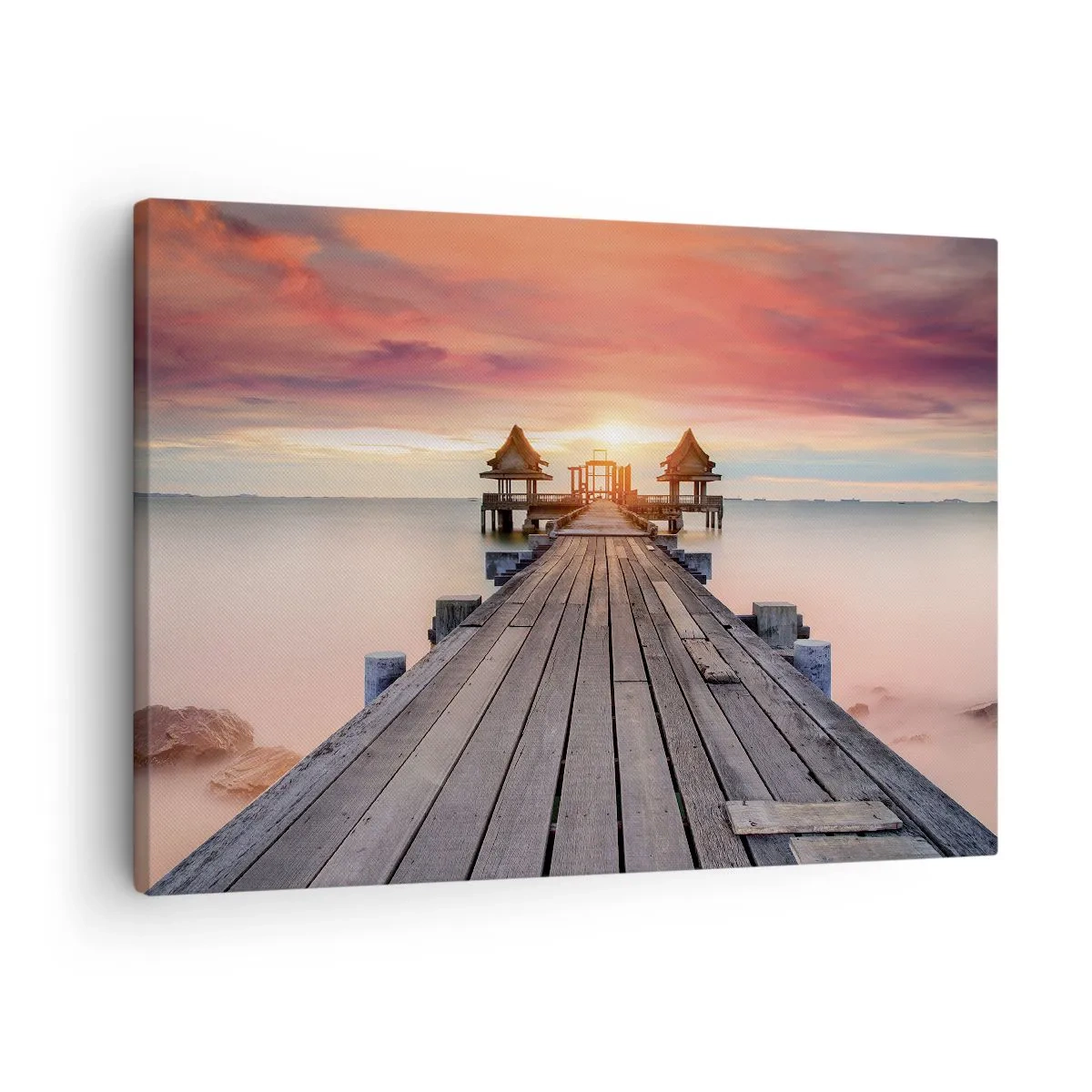 Impression sur toile - Image sur toile - Jetée en bois menant aux belvédères au coucher du soleil - 70x50cm - L'Ouest à l'Est - Décoration murale moderne pour le salon et la chambre ARTTOR