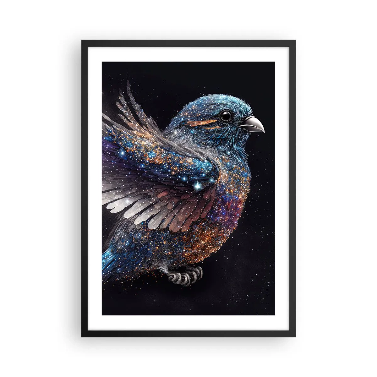 Affiche dans un cadre noir - Poster - Un oiseau de l'espace au plumage étoilé sur fond noir - 50x70cm - Moineau de diamant - Décoration murale moderne pour le salon et la chambre ARTTOR