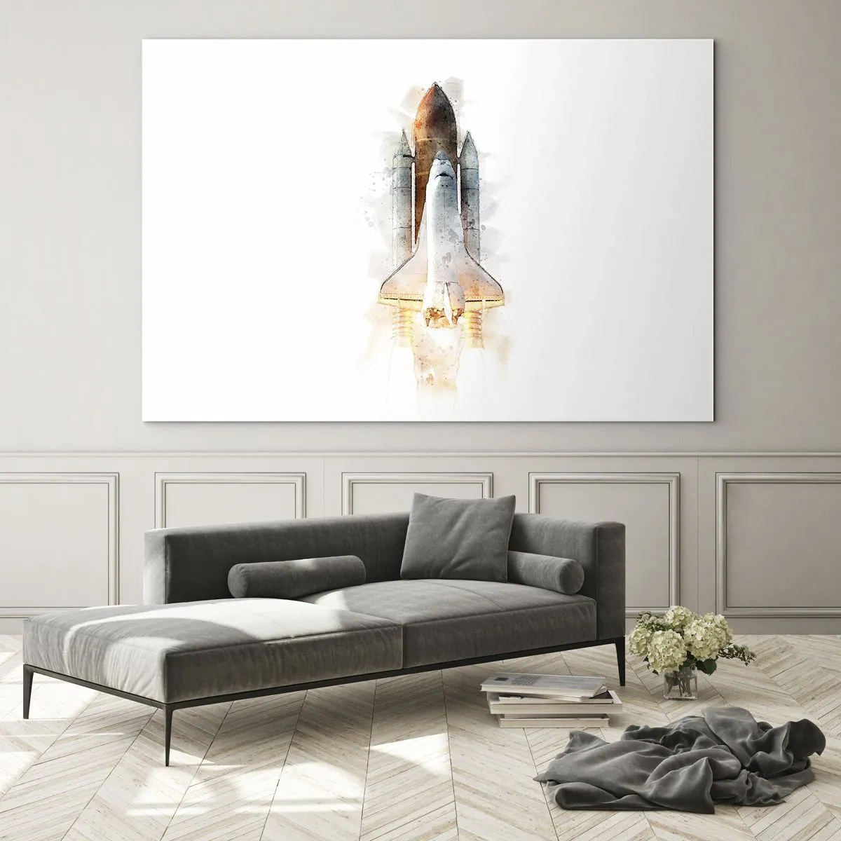 Impression sur verre - Image sur verre - Une navette spatiale décollant dans un style aquarelle sur fond blanc. - 70x50cm - Des explorateurs pour commencer - Décoration murale moderne pour le salon et la chambre ARTTOR