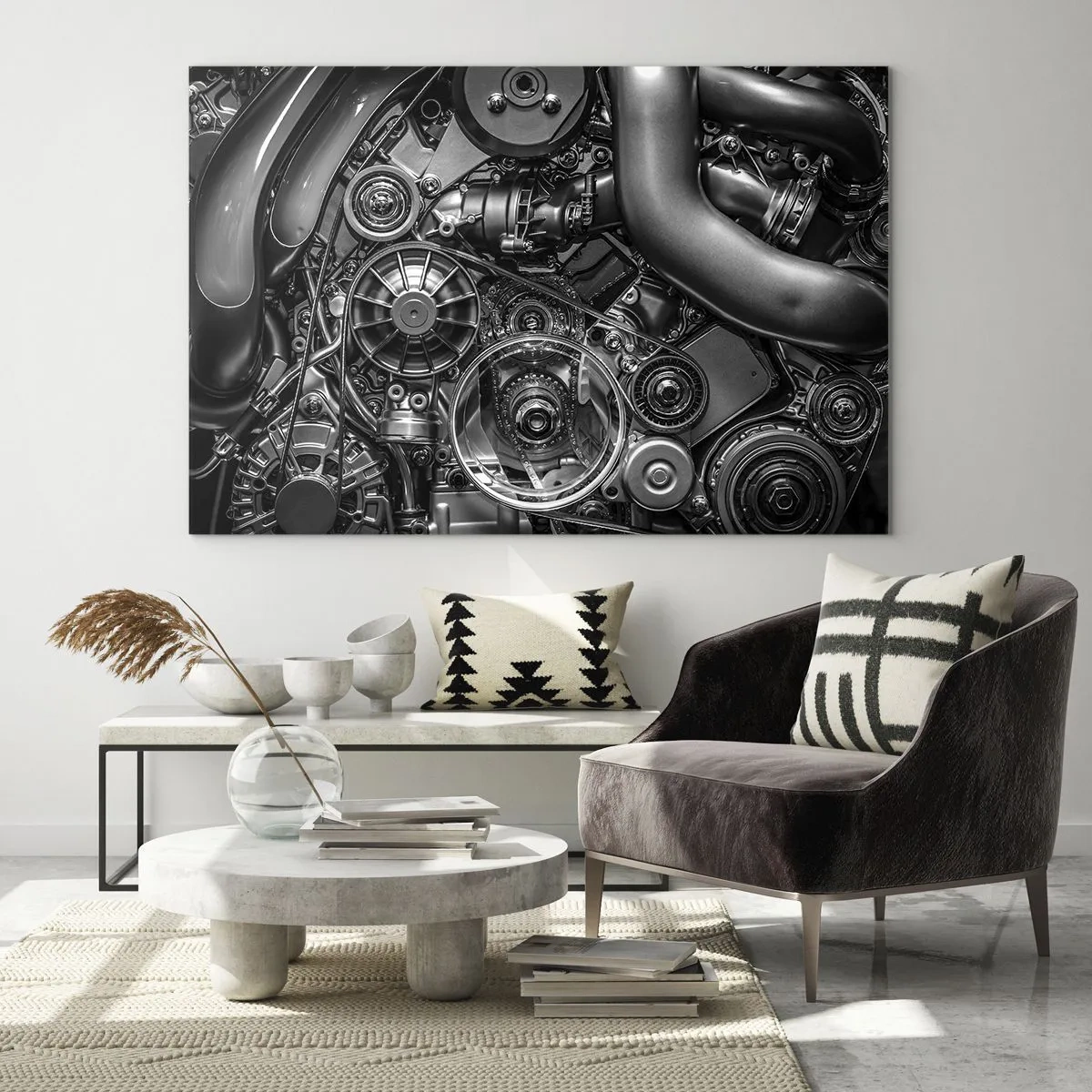 Impression sur verre - Image sur verre - Détail d'un moteur noir et blanc avec mécanismes visibles - 70x50cm - Poésie mécanique - Décoration murale moderne pour le salon et la chambre ARTTOR