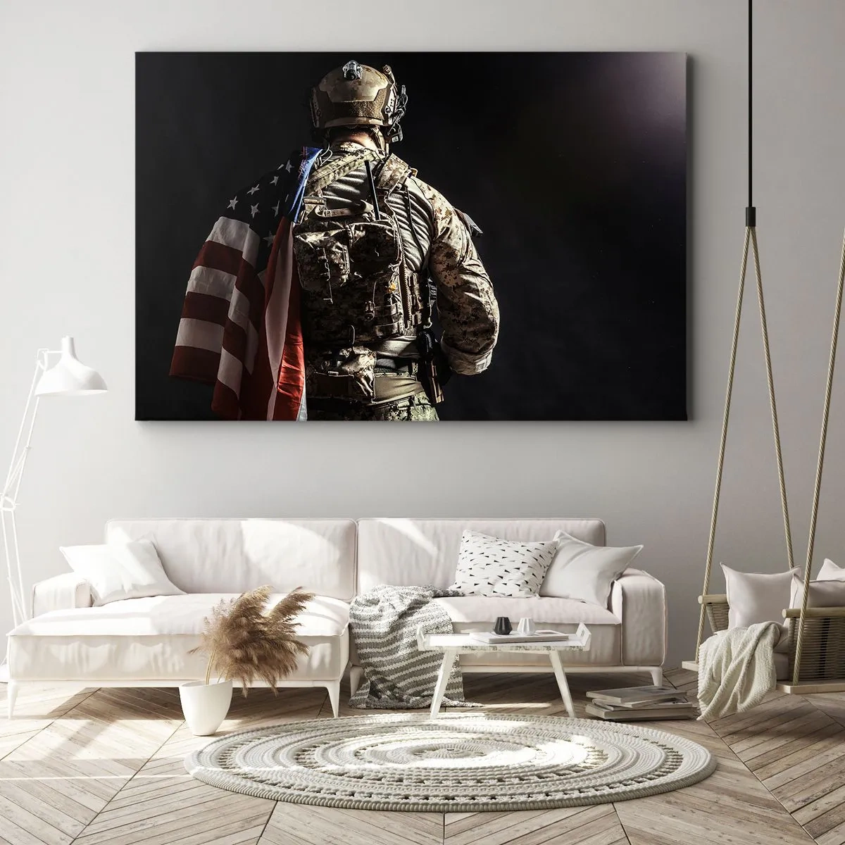 Impression sur toile - Image sur toile - Un soldat en uniforme avec un drapeau sur un fond sombre - 70x50cm - C'est exactement pour ça - Décoration murale moderne pour le salon et la chambre ARTTOR