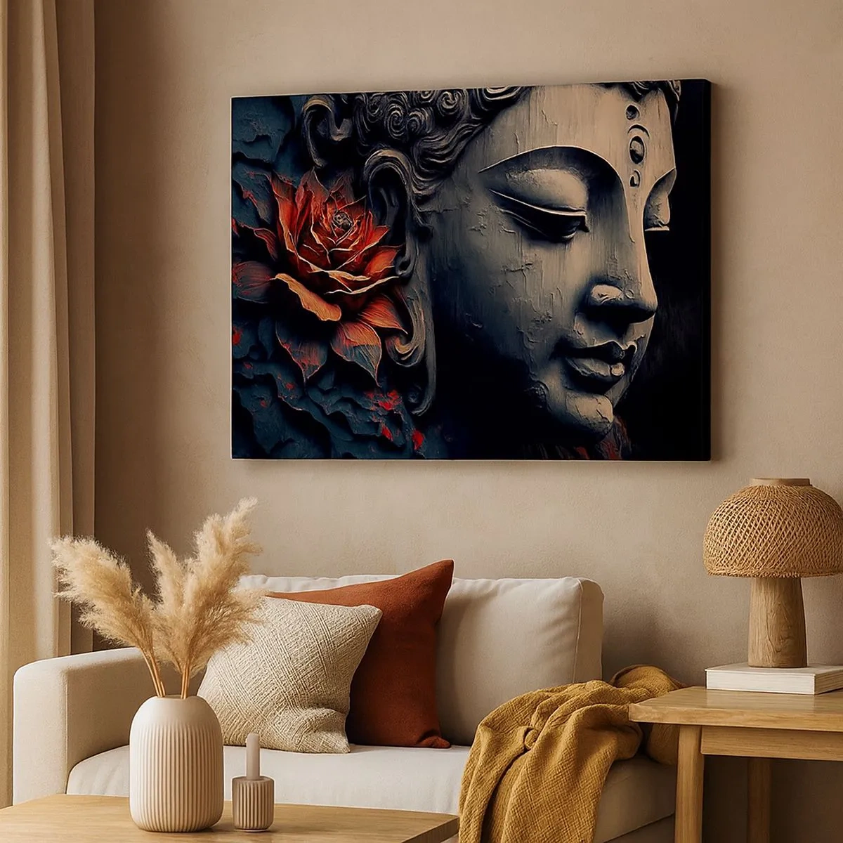 Impression sur toile - Image sur toile - Sculpture de Bouddha avec une fleur de lotus rouge - 70x50cm - En harmonie avec le monde - Décoration murale moderne pour le salon et la chambre ARTTOR