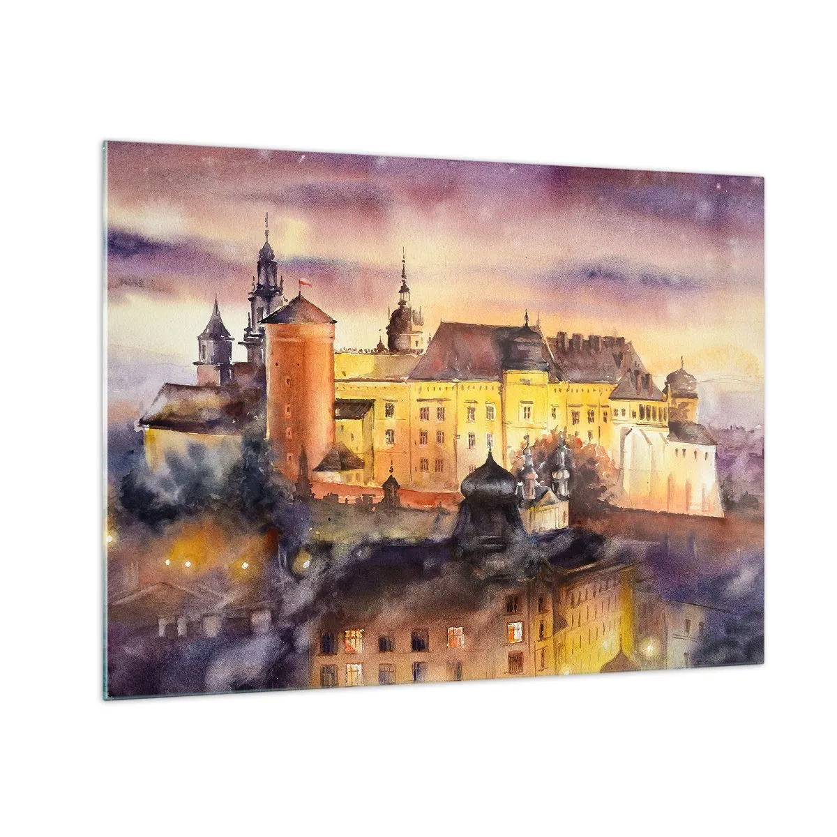 Impression sur verre - Image sur verre - Illustration à l'aquarelle d'un château sur une colline au coucher du soleil - 70x50cm - Histoire et conte de fées - Décoration murale moderne pour le salon et la chambre ARTTOR