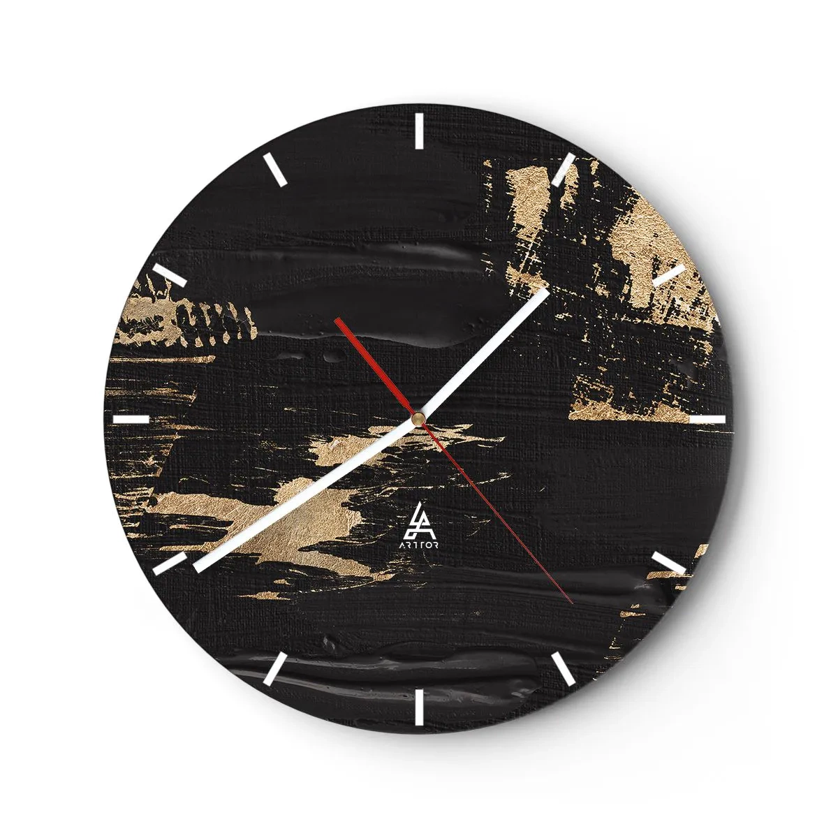 Horloge murale - Pendule murale - Fond noir avec des traits de peinture dorés dynamiques - 30x30cm - Empreinte du toucher - Décoration murale moderne pour le salon, la cuisine et la chambre ARTTOR