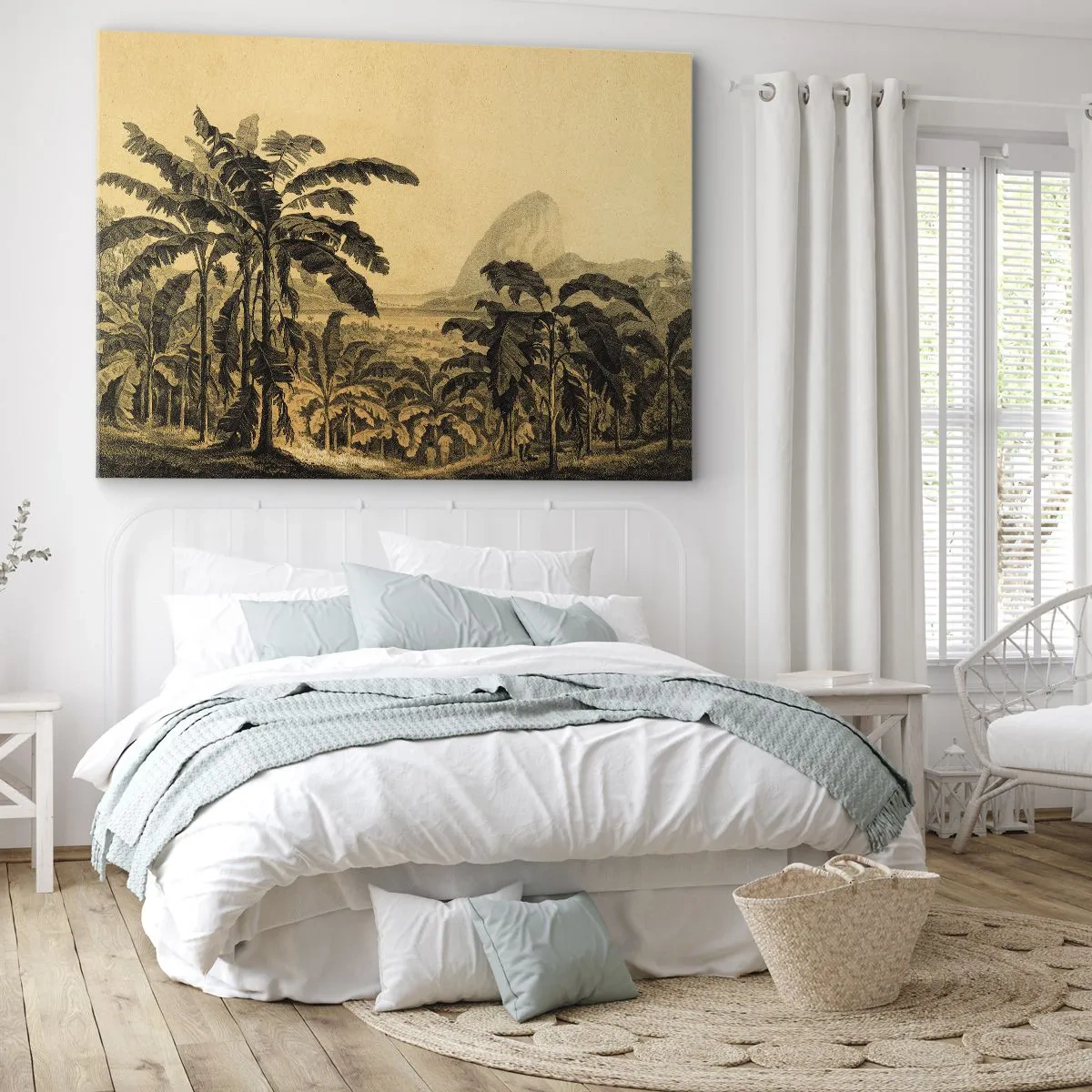 Impression sur toile - Image sur toile - Dessin de bananiers sur fond de paysage tropical - 70x50cm - Dans un climat colonial - Décoration murale moderne pour le salon et la chambre ARTTOR