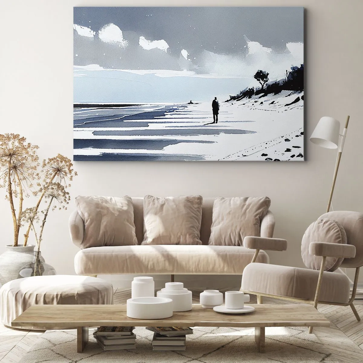 Impression sur toile - Image sur toile - Une silhouette solitaire marchant sur une plage déserte - 70x50cm - Seul à seul - Décoration murale moderne pour le salon et la chambre ARTTOR